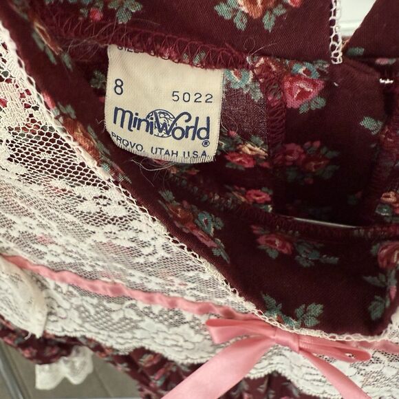 Vtg Girls Dress Mini World Sz 8 Maroon Calico Prairie Ruffle Cottagecore Lace - Picture 6 of 12